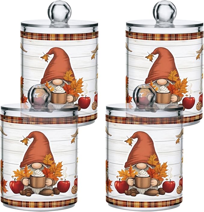 Gredecor 2 Pack Apothecary Jars with Lid Fall Gnome Maple Pumpkins Qtip Holder Dispenser Storage Containers Clear Plastic Cute Fall Autumn Thanksgiving Theme Canisters for Bathroom Vanity Organization
