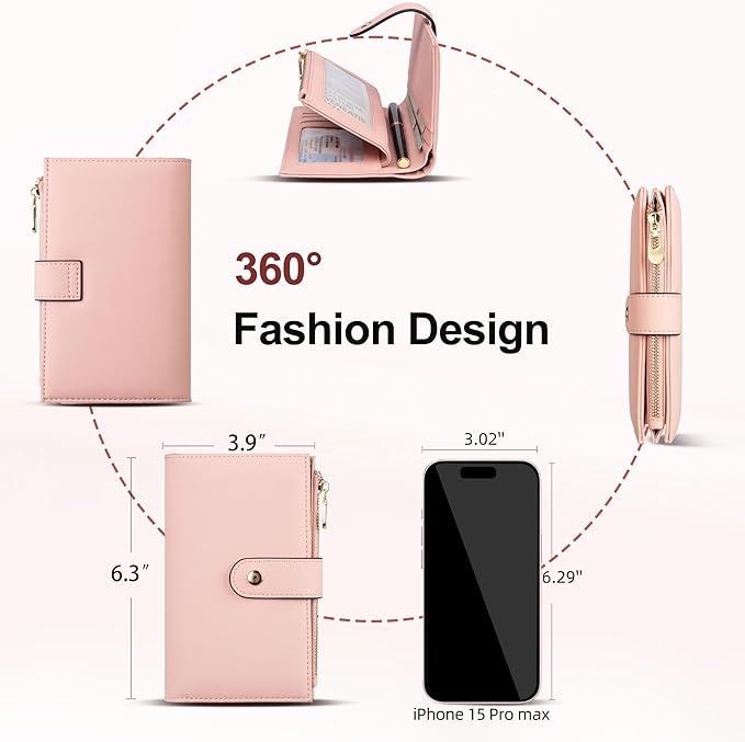 yiijay Womens Wallet RFID Blocking Leather Trifold Clutch Wallet Credit Card Holder Ladies Travel Wallet Purse with Pen Holder