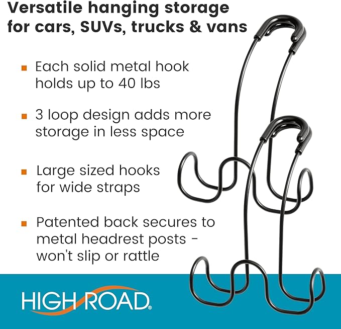 High Road Metal Car Hooks for Purse and Bags - Unbreakable Headrest Car Hooks for Large Purse Straps and Heavy Bags up to 40 lbs - Secure Attachment Loops Fit All Headrest Posts (Triple Hook 2-Pack)