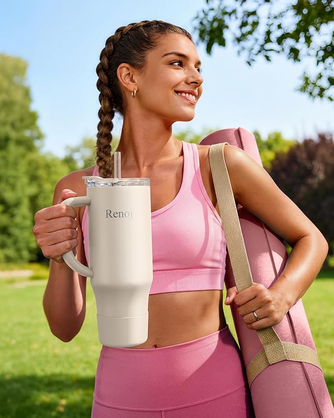 Renoj Insulated Mug 100% Leak Proof Insulated Water Bottle for Iced Coffee & Hot Drinks - Fits Car Cup Holder, Ideal Gift, 2 Straws & Silicone Boot - SnapShift White 32 oz