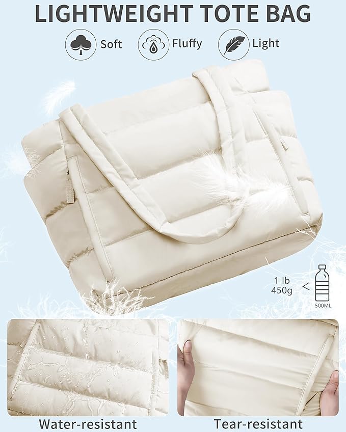 Bagstellar Puffer Tote Bag for Women, Lightweight Puffy Work Handbag Teacher Nurse Quilted Shoulder Bag for School Travel Gym | Cloud Bag w/ Zipper