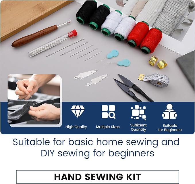 TLKKUE 40 Pcs Sewing Kit, Steel Needles for Hand Sewing, Sewing Kit for Adults with Sewing Needles Storage Bag Threads Thimbles Seam Rippers for Repair Clothing (Red/White/Black Thread)