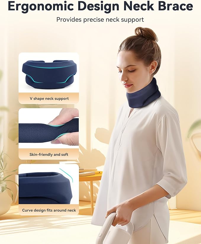 Heated Neck Brace Cervical Collar - Neck Support Brace with Heating Pad, Soft Foam Wraps Keep Vertebrae Stable and Aligned for Relief of Cervical Spine Pressure for Women & Men (Medium Size) Blue