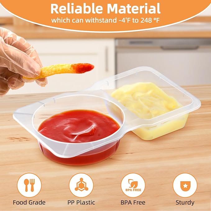 10 Pack 2 Compartment Snack Containers with Lids – Leak-Proof, Reusable Plastic Snack Packs for Adults, Divided Small Snack Containers for Lunch, Meal Prep, Dips, Salads