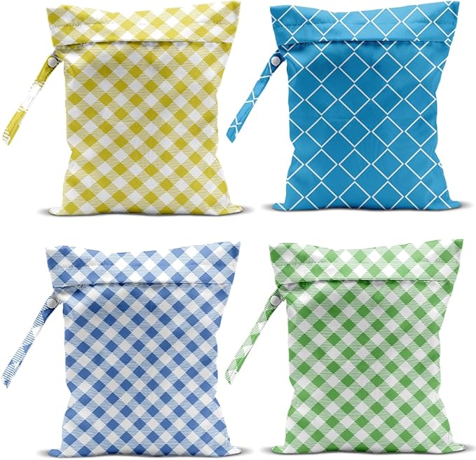 Wet Bag, 4Pcs Wet Dry Bag Set, Waterproof Reusable Bags with Gingham Plaid for Women, Suitable for Beach Trips, Pool Activities, Travel & Daily Organizing