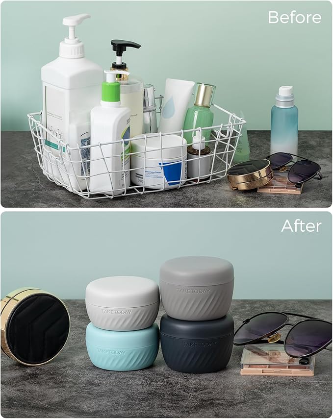 TakeToday Travel Containers for Toiletries, Leak-Proof, TSA Approved, Refillable Silicone Cylindrical Cream Jars with Lid for Cosmetic Toiletry, 2oz, 4 Pack, Grey