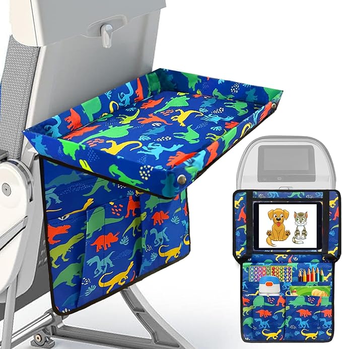 Adjustable Kids Tray Table Cover with Multi Portable Pockets, Airplane Travel Essentials for Kids, Toddlers, Adults, Airplane Must Haves, Plane Travel Essential, Travel Tray for Plane Train, Dinosaur