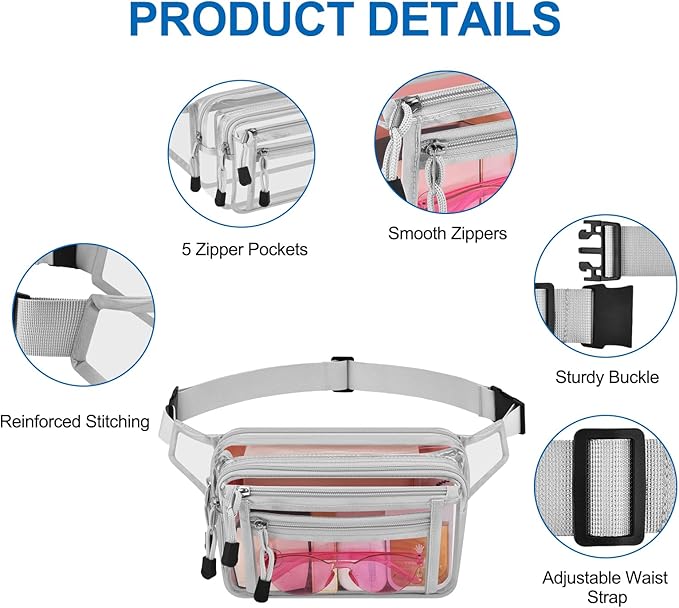 Clear Bag Stadium Approved Clear Fanny Pack for Women for Work,Multi-purpose Waist Bag for Travel & Sporting Event