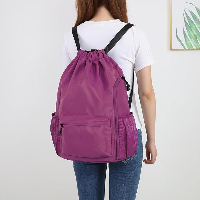 Valleycomfy Waterproof Drawstring Gym Backpack Bag for Men & Women,Sports Gym Bag with Side Pocket Orange