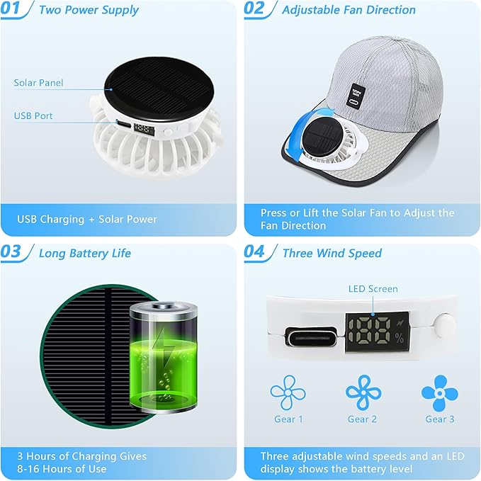 3-Piece Cooling Set for Summer Sports & Game Day, Solar Fan Hat, Insulated Water Bottle, Instant Cooling Towels, Soccer Events, Stadium, Travel, Outdoor Work Essentials