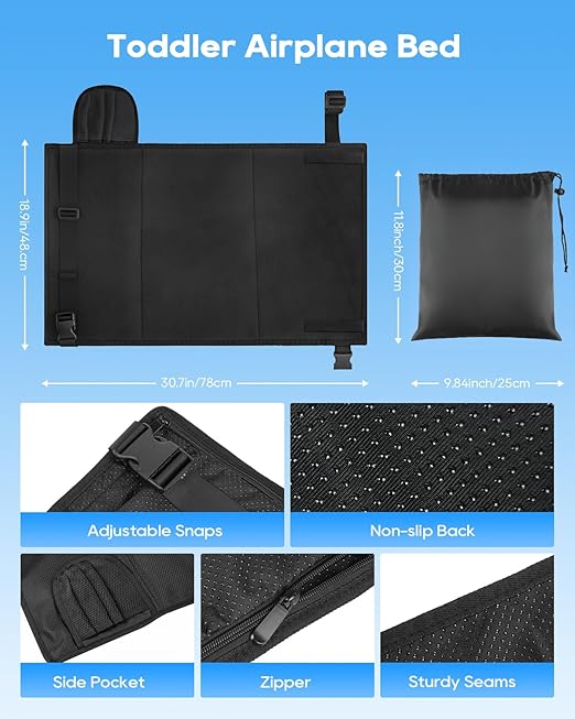 Toddler Airplane Bed, Portable Airplane Seat Extender Travel Bed for Kids, Soft Baby Plane Travel Essentials for Flying, Toddlers Long Flight Must Have Footrest Black