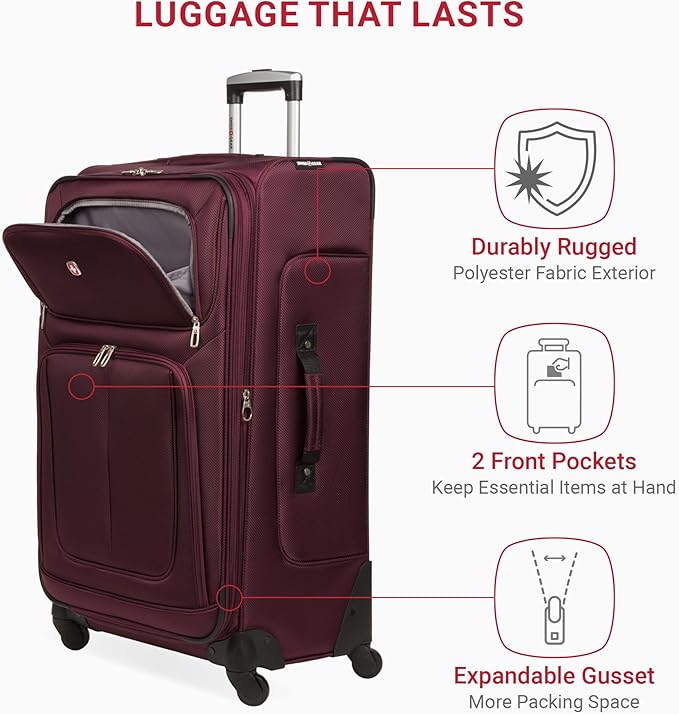 SWISSGEAR Sion Softside Expandable Spinner Luggage Durable Lightweight Travel Suitcase, Merlot, Checked-Large
