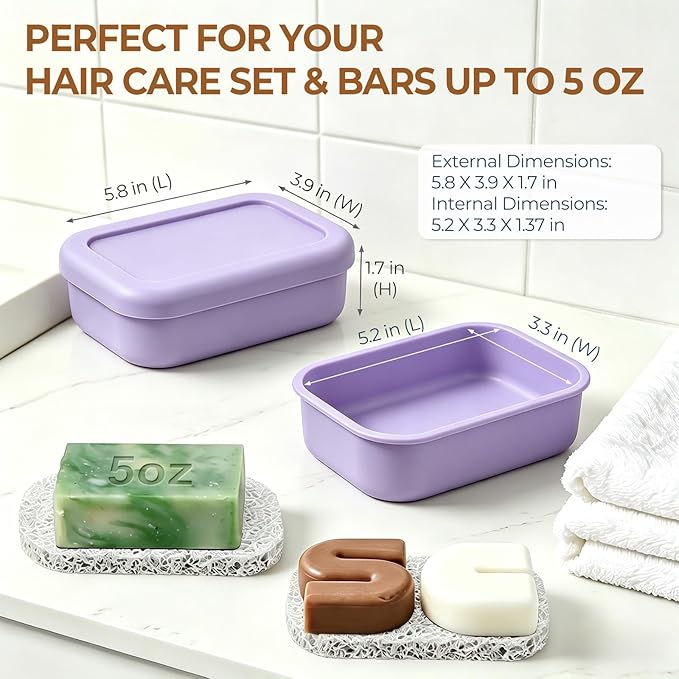 AIMAIAIMAI Silicone Shampoo Bar Travel Case with Drain Pad – Leak Proof Bar Soap Travel Case for 2 Bars, Shampoo & Conditioner Bar Holder for Camping, Gym | 1 Pack, Light Purple
