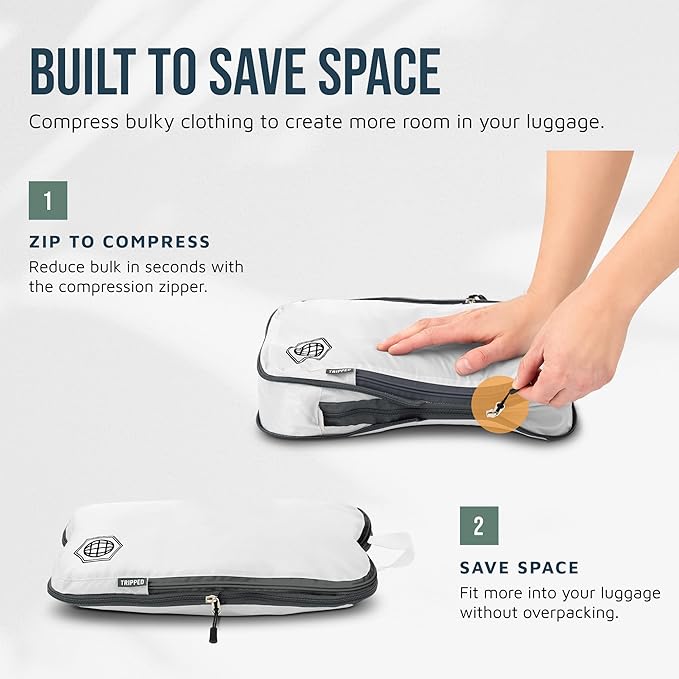 Large Compression Packing Cubes for Travel-Packing Cube Luggage Organizers 7 Piece Set for Checked Luggage-Ultralight, Expandable/Compression Bags by TRIPPED Travel Gear (White/Grey)