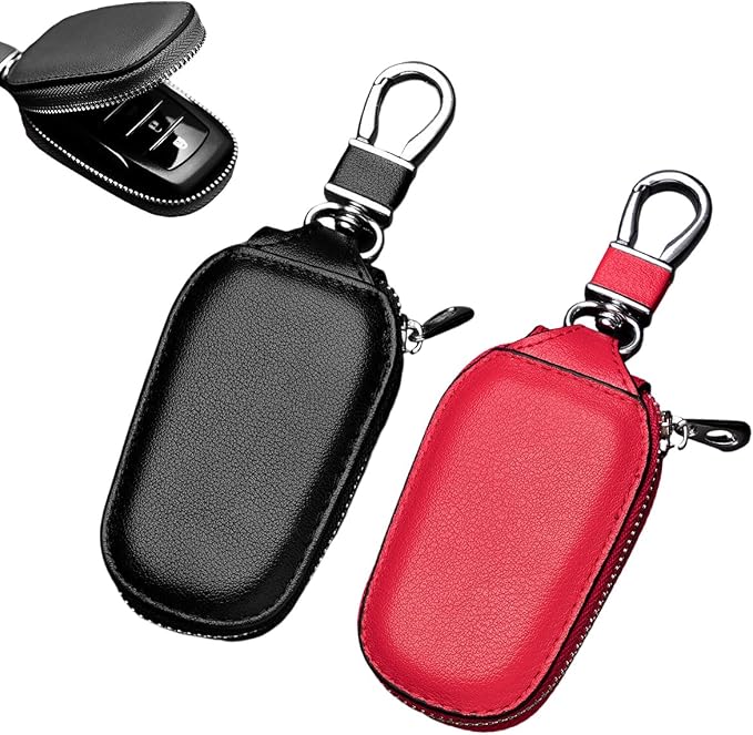 Yourkar 2 PCS Car Key Case, Genuine Leather Auto Key Fob Storage Bag, Key Chain Holder Key Ring Zipper Bag, Car Accessories (Black+Red)