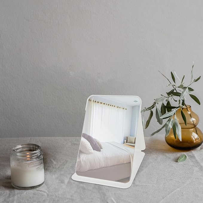 Makeup Mirror, 4x6 Inches Portable PU Leather Mirror, Folding Desktop Vanity Mirror with Adjustable Stand for Vanity Table, Office, Travel (S, White)