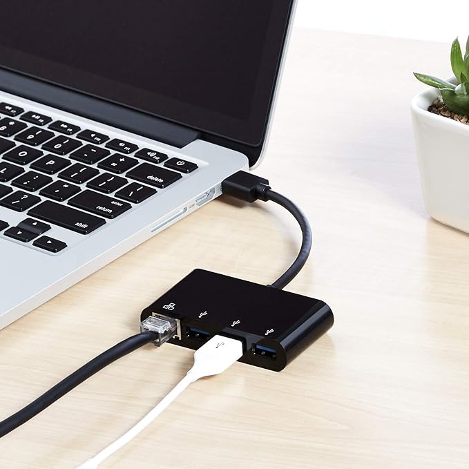 Amazon Basics 4-Port USB 3.0 Hub with 3 USB-A Ports & 1 RJ45 Gigabit Ethernet Port, High-Speed Network Adapter for Laptops, Black