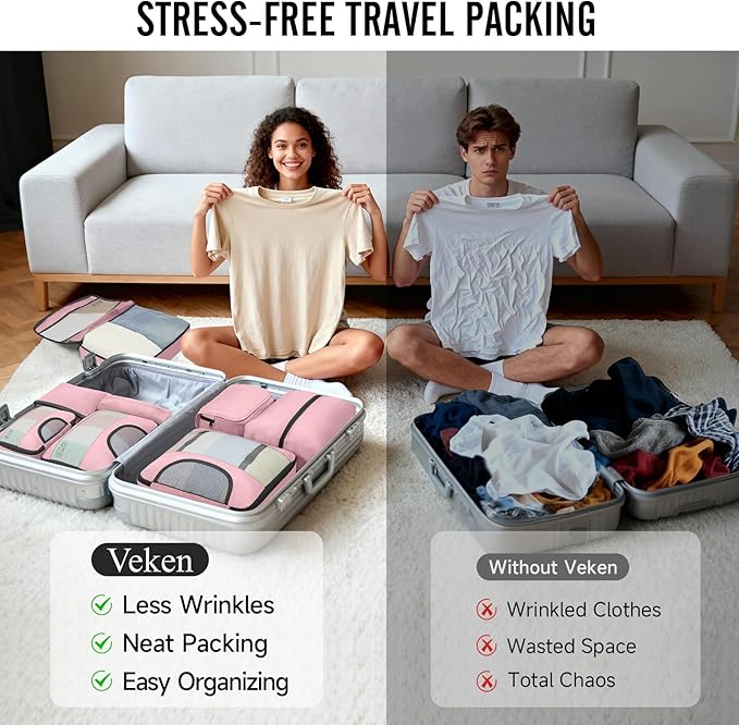 Veken 10 Set Packing Cubes for Cruise Ship Essentials,Beach Vacation Travel Accessories with Hanging Toiletry Bag,Suitcase Organizer for Luggage,Personalized Birthday & Retirement Gifts for Women Mom