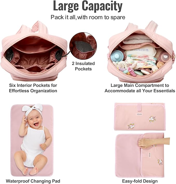GOBABYMART Diaper Bag Backpack with Changing Pad - Travel Baby Bag, Insulated Bottle Pockets, Stroller Straps (Medium - Pink Unicorns)