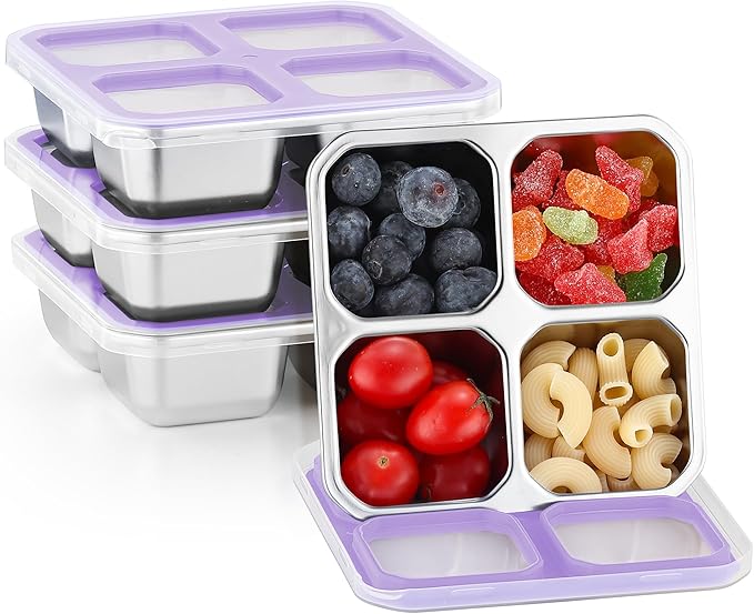 BEFOY 4 Pack Stainless Steel Snack Containers with Lids 4 Compartment Food Storage Containers for Adults & Kids Meal Prep Containers Reusablele (Purple, 4)