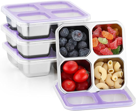 BEFOY 4 Pack Stainless Steel Snack Containers with Lids 4 Compartment Food Storage Containers for Adults & Kids Meal Prep Containers Reusablele (Purple, 4)