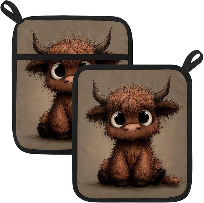 Brown Highland Cow Pot Holders with Pockets 2 PCS, Heat Resistant Oven Mitts Hot Pads for Kitchen Baking Cooking, Square Thick Pot Holders Kitchen Hot Potholders, 8.5x10 Inches