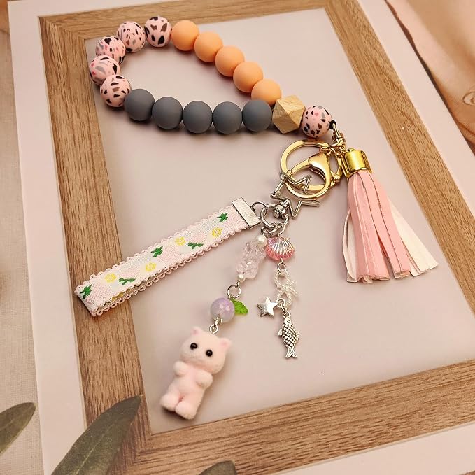 Cute Pink Keychain,Fuzzy Cat Keychain Aesthetic Y2K KeychainStylish KeychainsAccessories