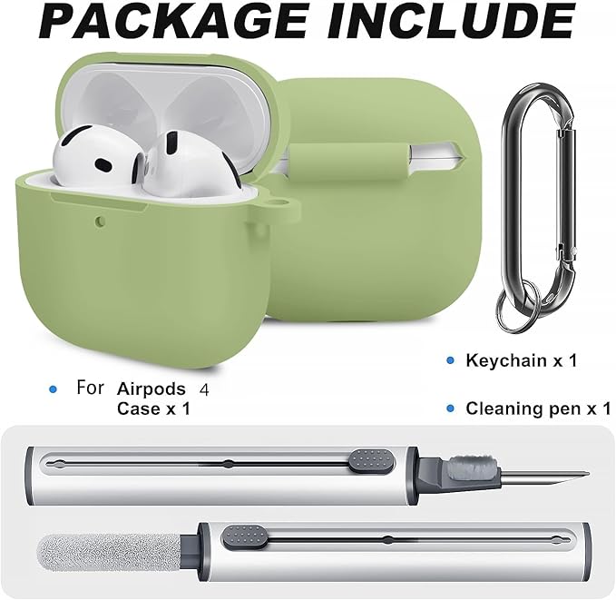 for Airpods 4th Case Cover,Come with Cleaner Kit,Soft Skin Silicone Case Cover with Keychain,Full Protective Case for Men and Women,Compatible with AirPods 4th Generation Case,Matcha Green
