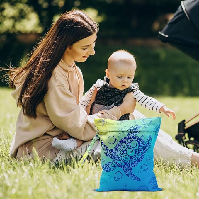 2-Pack Reusable Waterproof Wet Bags, Sea Turtle & Ocean Pattern Wet Dry Bag, Leak Proof Storage Pouch for Swimsuit Baby Clothes Travel Diaper Bag