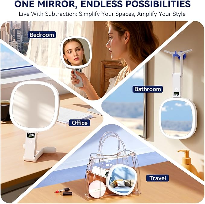 Auxmir 30X/1X Travel Makeup Mirror with Lights, Rechargeable Lighted Magnifying Mirror with LED Display, 3 Color Dimmable Vanity Mirror, Foldable Portable Mirror for Tabletop/Handheld/Hanging, White