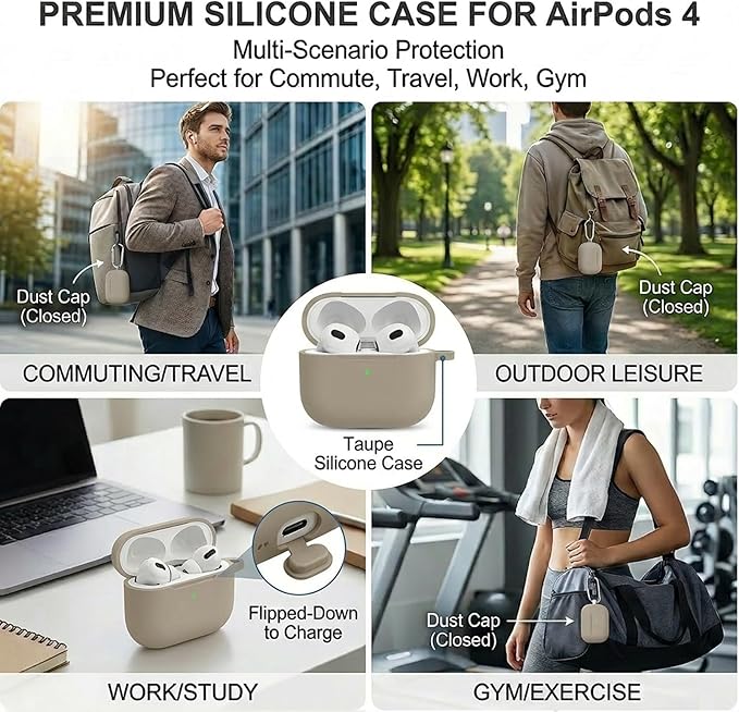 Silicone Case Cover for AirPods 4th Gen, Soft Skin, Full Protection, Keychain, Cleaner Kit (Milk Tea)