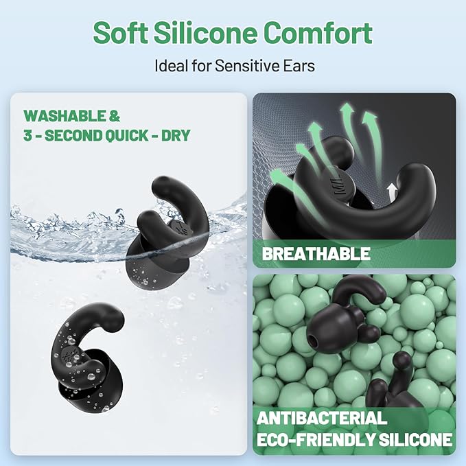Noise Cancelling Ear Plugs for Sleep, Small Ear Fit - No-Pain for Side Sleepers, 33dB NRR Reusable Silicone One-Piece Design, 2 Sizes for Adults & Kids, Portable Case (Black, 2 Pair)