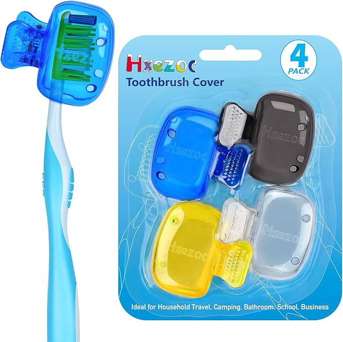 Hxezoc 4 Pack Travel Toothbrush Head Covers Portable Toothbrush Protector Cap Brush Pod Case Protective Plastic Clip for Household Travel, Camping, Bathroom, School, Business