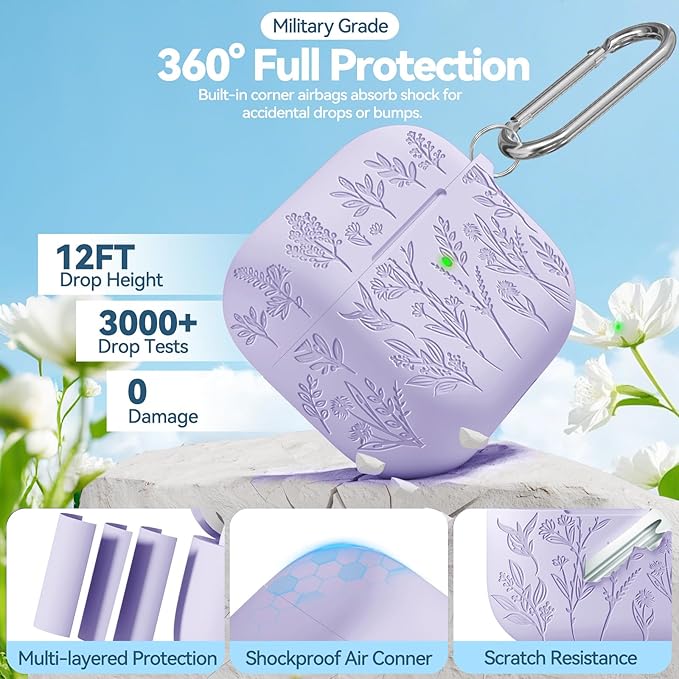 Flower Engraved Case for Apple AirPods Pro 2 Gen with Clean Kit,Soft Silicone Protective Case Cover for AirPod Pro 2nd/1st Generation Keychain,Lanyard,3 Pair Ear Tips,Front LED Visible,Pastel Lilac