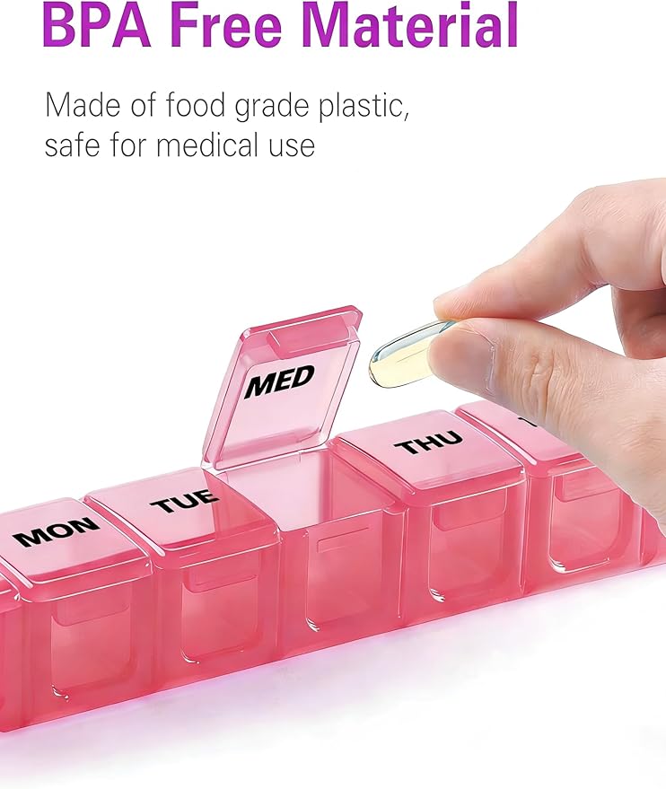 BUG HULL Weekly Pill Organizer Large 2 Packs, Extra Large Travel Pill Organizers, Pill Box 7 Day, Travel Pill Case, Medicine Pill Organizer for Vitamins, Supplements and Medications (White+Red)