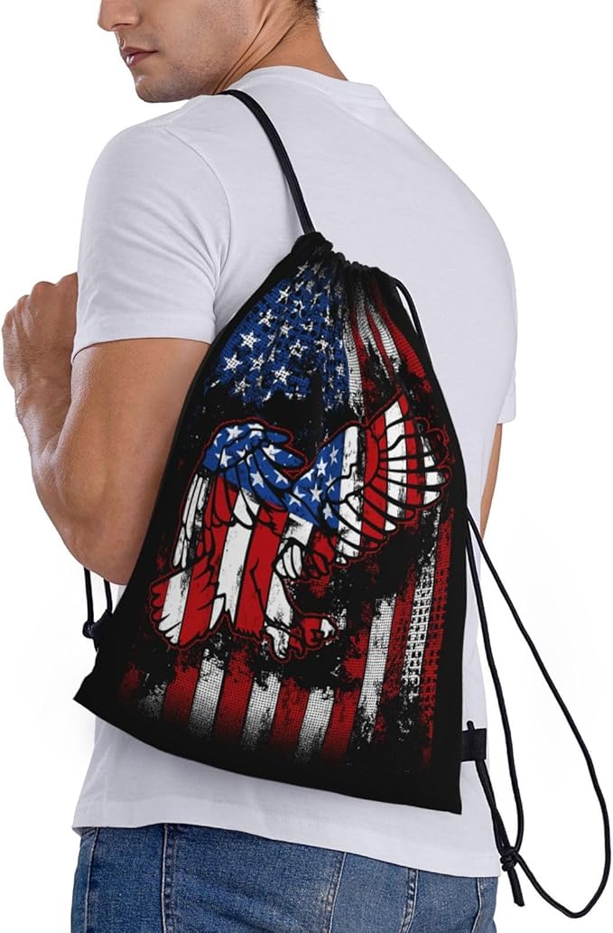 Eagle Outline Drawstring Backpack American Flag Gym Drawstring Bag Patriotic Gift for Independence Day Veterans Day Memorial Day, 4th of July Party Favor Goodies Storage Bags