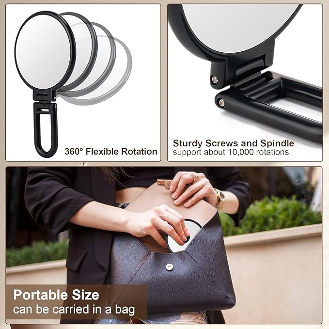 BOOMIBOO 1X/10X Magnifying Handheld Mirror Double Sided, Foldable Travel Makeup Mirror, Adjustable Rotation Pedestal Hand/Hanging/Desk Vanity Mirror-Black