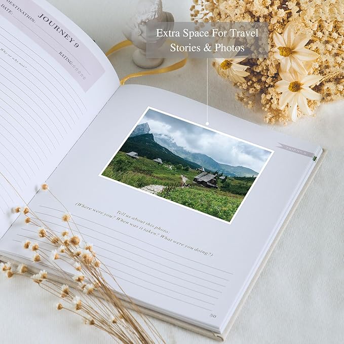 Lanpn Travel Photo Journal Notebook for Women Men, Linen Travel Log Diary Scrapbook Memory Book with Prompts, Anniversary Journals Traveling Gifts (Beige, 110 Pages)