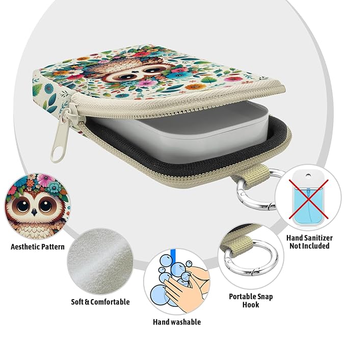 Owls Floral Hand Sanitizer Spray Case, Hand Sanitizer Holder Zippered Pouch, Cute Fashion Accessory with Snap Hook for Glow Mist and Power Mist 1FL OZ