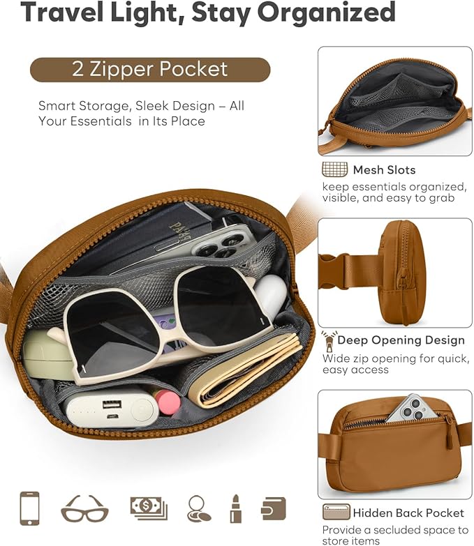 Pritent Fanny Packs for Women Cross Body Bag Waterproof Belt Bag with Adjustable Strap and Zipper Back Pocket Small Crossbody Bags Fashion Waist Packs for Workout Travelling(Brown)
