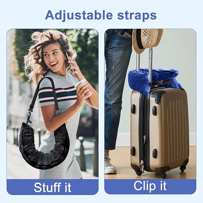 2Pack Stuffable Travel Pillow for Extra Luggage, Velvet Travel Neck Pillow with Adjustable Neck Size, Fits About 6 T-Shirts Travel Essentials Multifunctional Sleeping Rest Cushion(Blue)