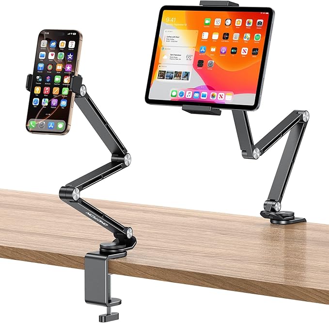 OMOTON Tablet Stand for iPad with 360° Rotation, GH03 Aluminum Alloy Long Arm Phone Mount with 2 Plastic Clamps (Phone & Tablet), Adjustable Holder for 4-13" iPad Pro/iPhone, Black