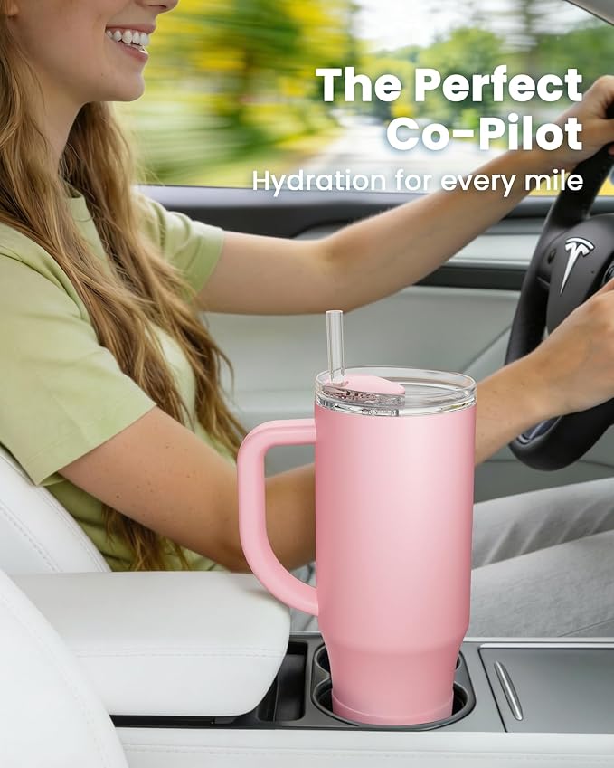 Renoj Insulated Mug 100% Spill Resistant Insulated Water Bottle for Iced Coffee & Hot Drinks - Fits Car Cup Holder, Ideal Gift, 2 Straws & Silicone Boot - FlexSlide Pink 40 oz