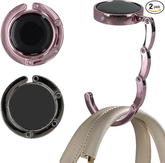 kwmobile Purse Hook for Table - Set of 2 Purse Holder - Folding Handbag Hanger - Portable Bag Holder - Bag Hooks for Desk - Table Hook Black/Light Pink