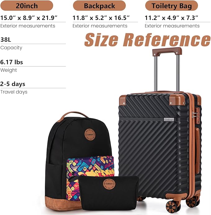 Cosbarn Carry On Luggage 22x14x9 Airline Approved, Hardside 20 Inch Carry on Suitcases with Wheels, Hard Shell ABS Lightweight Carry on Luggage Set, Travel Suitcase Set with TSA Lock, Black