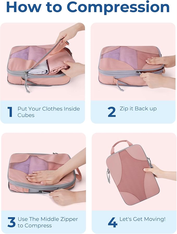 BAGSMART Compression Packing Cubes for Travel, 6 Set/14 Set Compressible Luggage Organizer for Cruise Ship, Lightweight Travel Essentials (1L+2M+2S+Shoe bag+Drawstring bag+Toiletry bag+6Plastic bags)