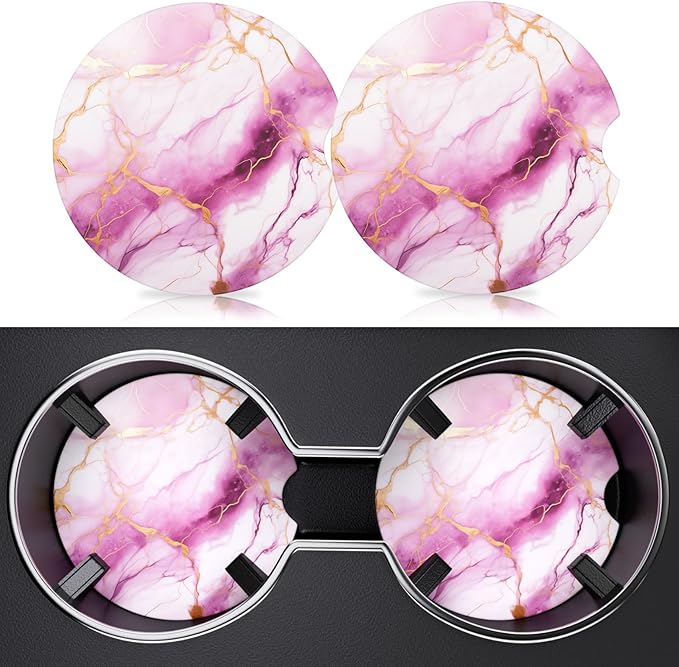 2 Pack Car Cup Holder Coaster, 2.63 inch Anti Slip Insert Absorbent Ceramic Car Coaster with Cork Base and Finger Notch, Cute Car Accessories Interior for Women, Cute Car Coasters., CH0025