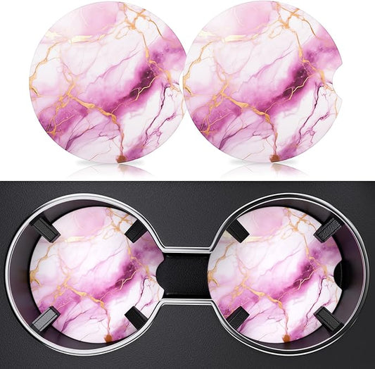 2 Pack Car Cup Holder Coaster, 2.63 inch Anti Slip Insert Absorbent Ceramic Car Coaster with Cork Base and Finger Notch, Cute Car Accessories Interior for Women, Cute Car Coasters., CH0025