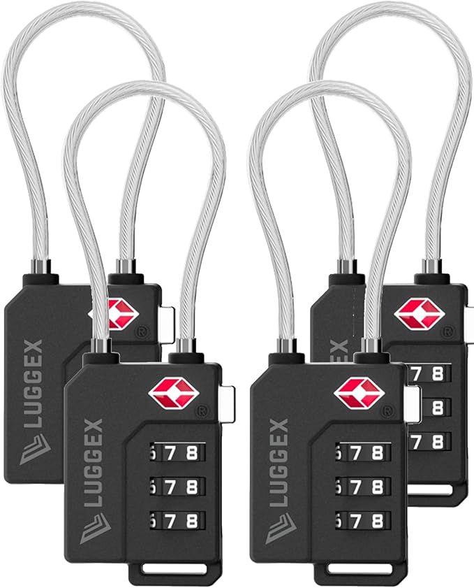 LUGGEX TSA Locks for Luggage, Suitcase Locks TSA Approved, Luggage Locks, Gift Box, Ease of Use & Durable(Silver Cable,4 Pack)
