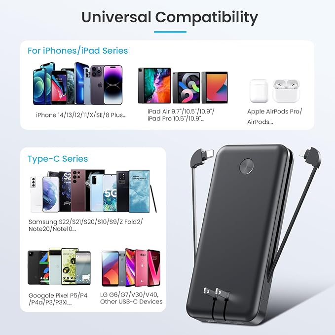 Portable Charger for iPhone with Built-in Cables and Wall Plug,Upgraded 13800mAh Fast Charging USB C Power Bank,4 Outputs Slim Travel Essential Battery Pack for iPhone 17/16/15/14/13,Galaxy,Android